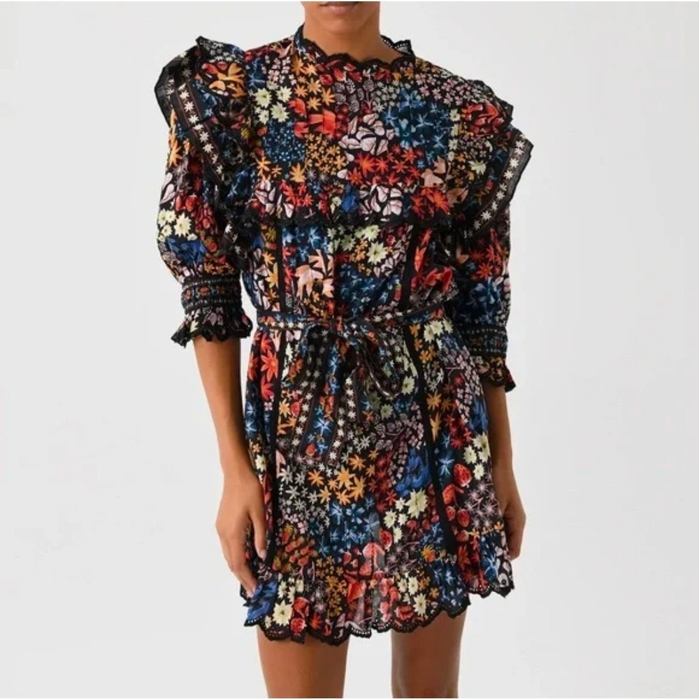 Farm‎ Rio Jujus Garden floral printed black ruffled mini dress Size XS